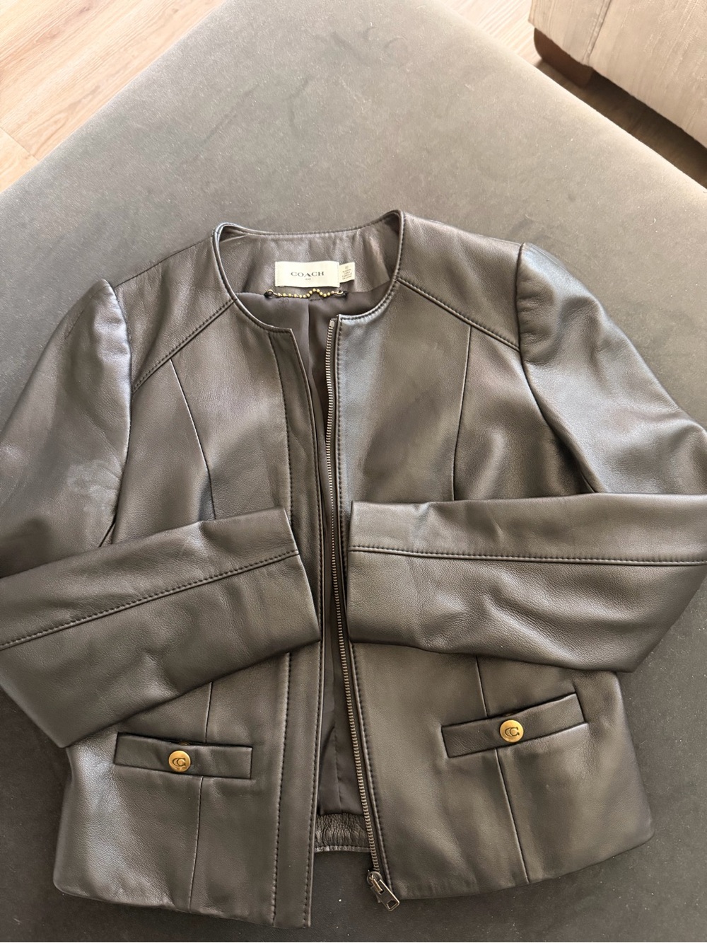 Coach Women's Black Leather Round-Neck Zip Jacket